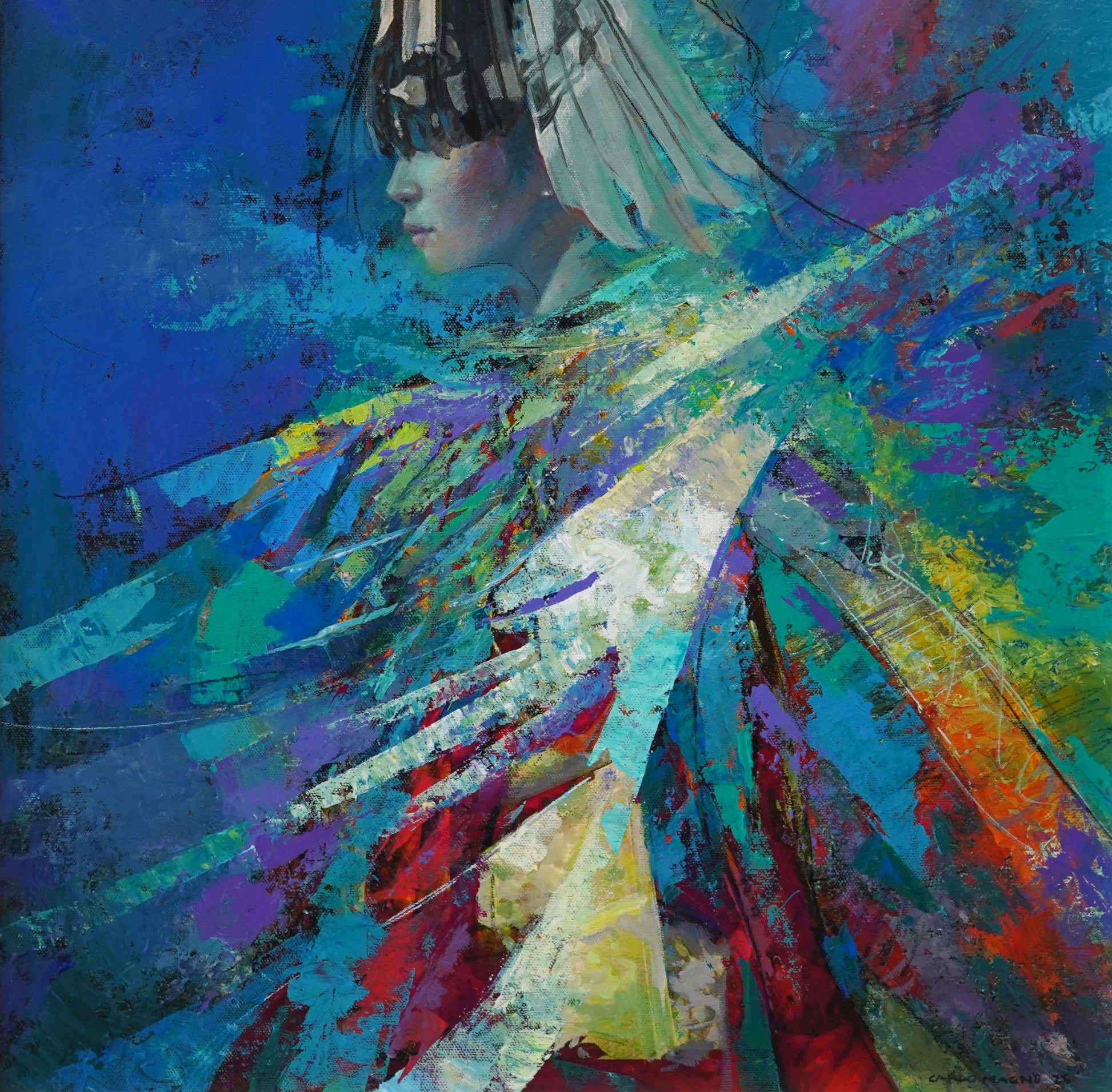 Dashes and Chrome 18”x 18” Mixed Media on Canvas 2025